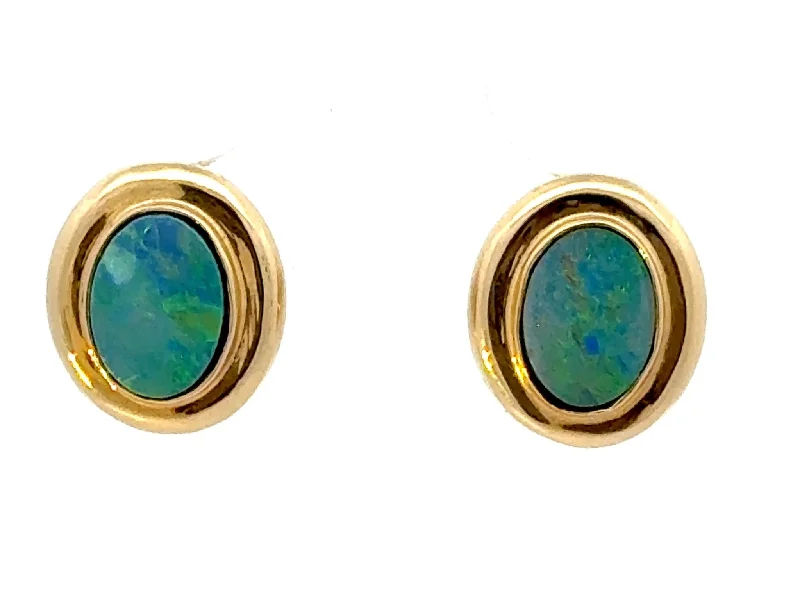 gold earrings for women -Oval Opal Dublet Earrings 14K Yellow Gold