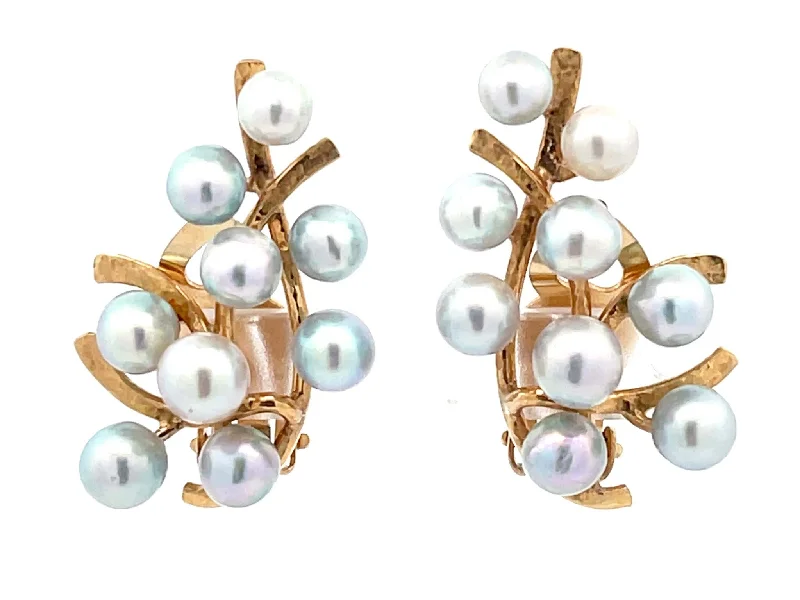 trendy pearl earrings for women -Mings Silver Blue Pearl Leaf Clip on Earrings in 14k Yellow Gold