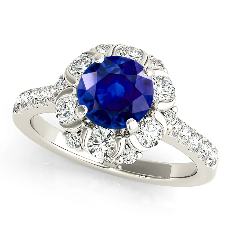 emerald cut engagement rings for women -1.35 ct. Genuine Blue Sapphire Ring  Floral Halo Style