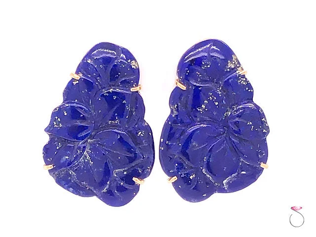 classic earrings for women -Vintage Carved Lapis Lazuli Floral Earrings