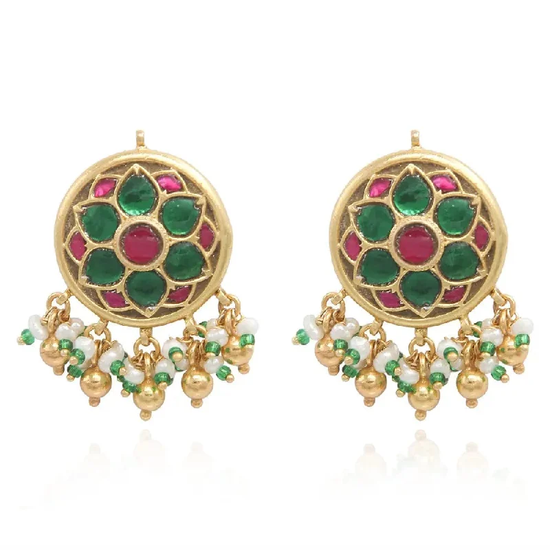 trendy earrings for women -trendy earrings for women -92.5 SILVER KUNDAN RED AND GREEN STUD