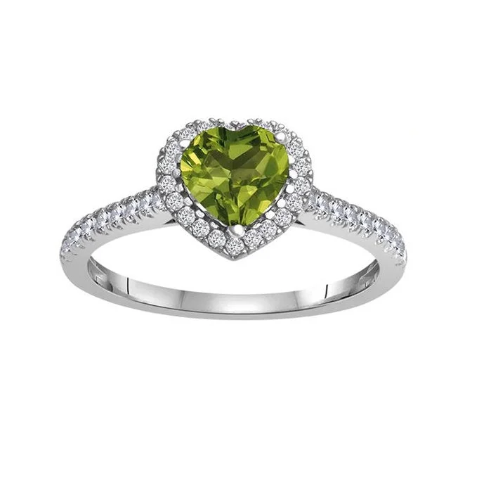 round cut diamond rings for women -6MM Heart Shape Peridot and White Sapphire Birthstone Heart Ring in 10KT White Gold