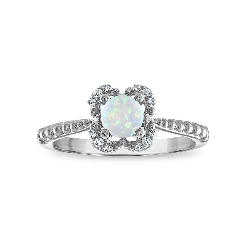 pear-shaped diamond rings for women -5MM Round Opal and White Sapphire Birthstone Flower Halo Ring in Sterling Silver