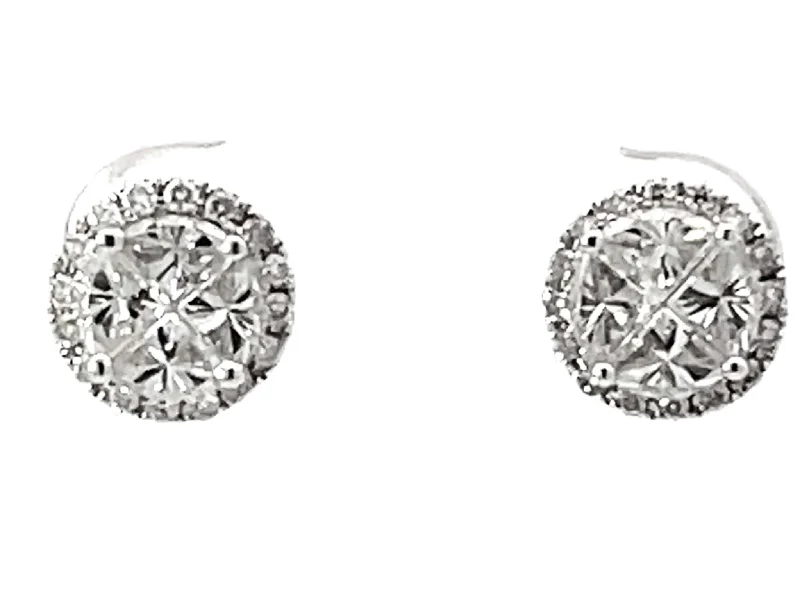 vintage earrings for women -Pie Cut Diamond Halo Stud Earrings 18k White Gold