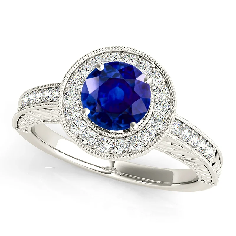 wedding sets for women with diamonds -1.45 ct. Genuine Blue Sapphire Milgrain Halo Ring