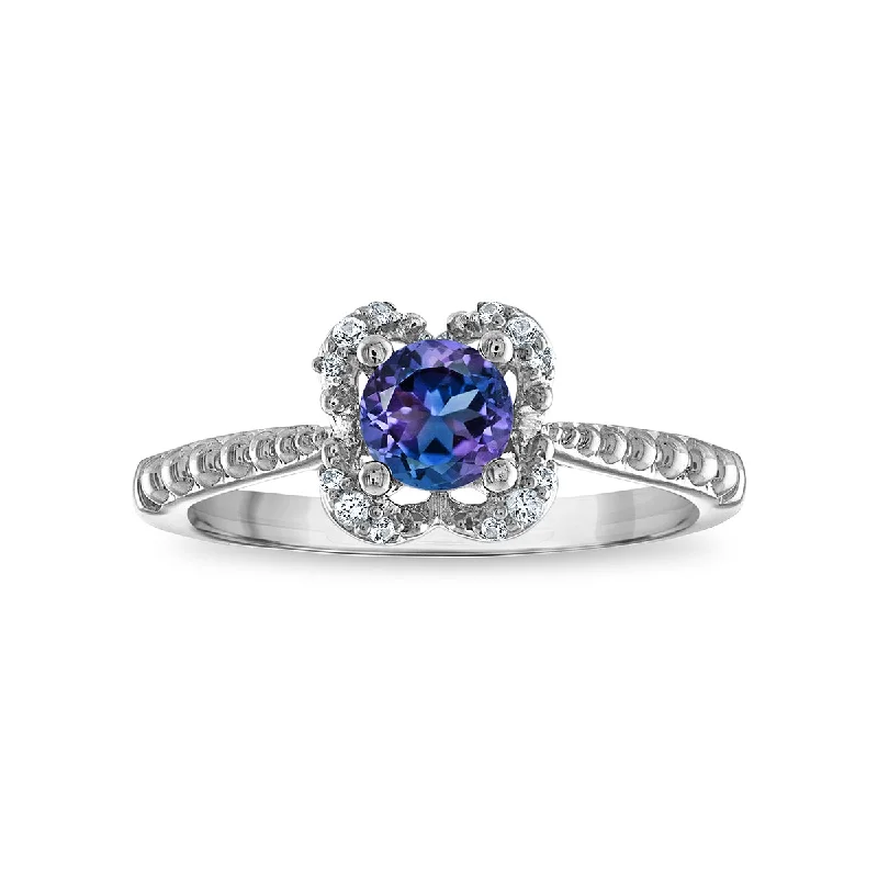 women’s vintage wedding rings -5MM Round Alexandrite and White Sapphire Birthstone Flower Halo Ring in Sterling Silver