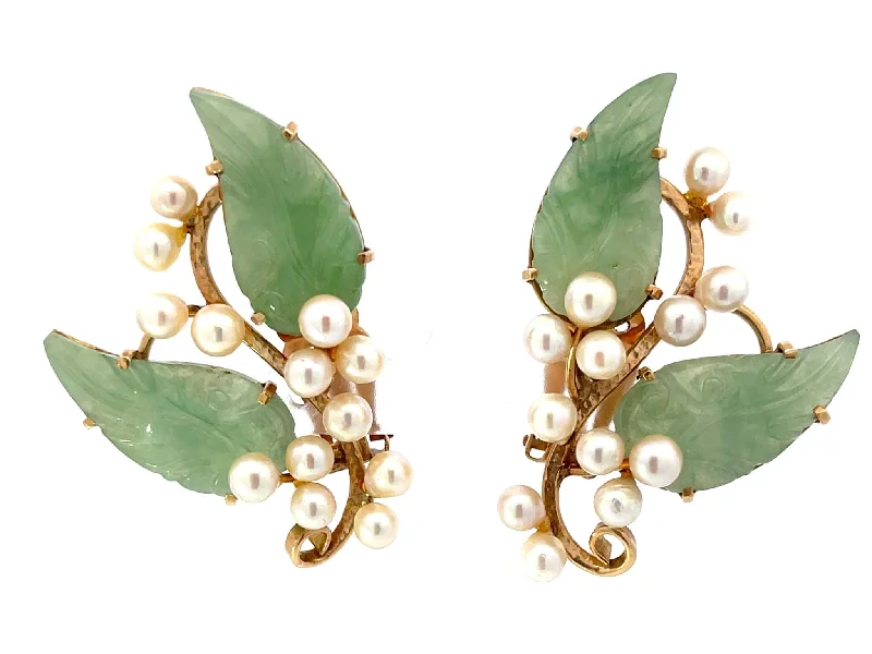 cubic zirconia hoop earrings for women -Mings Akoya Pearl and Green Jade Leaf Clip on Earrings 14K Yellow Gold