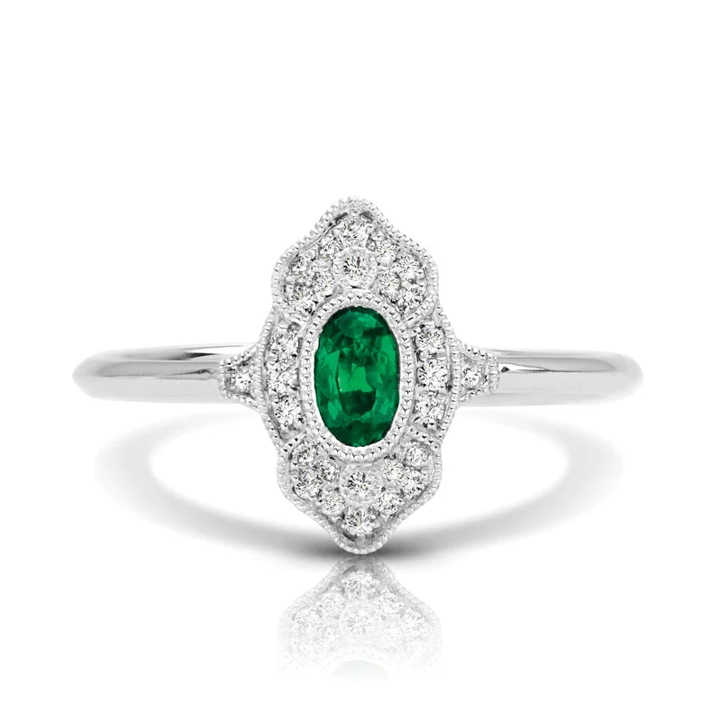 round cut diamond rings for women -Vintage Inspired 0.35 ct. Natural Oval Emerald Ring