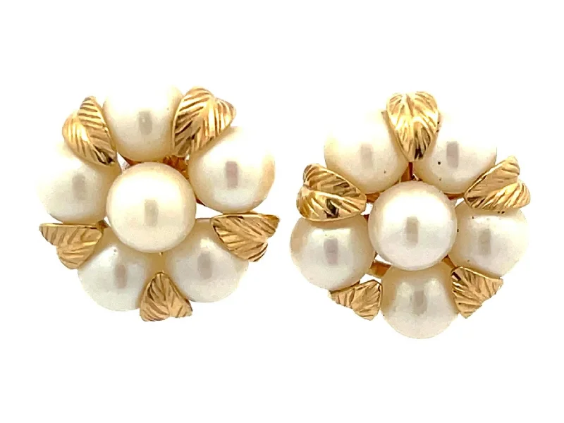 women’s ear cuffs -Mings Pearl Flower and Gold Leaf Earrings in 14k Yellow Gold