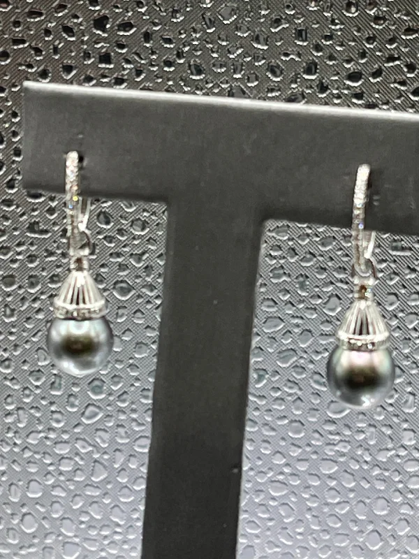 floral earrings for women -floral earrings for women -Ladies 18 Karat Solid White Gold Black Pearl and Diamond Dangling Earrings