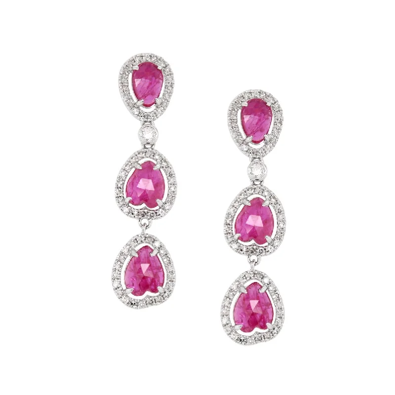 trendy earrings for women -trendy earrings for women -WHITE GOLD RUBY DANGLE EARRINGS WITH DIAMOND HALOS, 1/2 CT TW