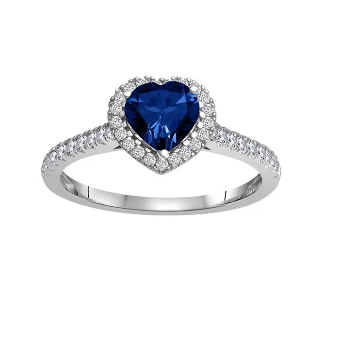 infinity engagement rings for women -6MM Heart Shape Blue Sapphire and White Sapphire Birthstone Heart Ring in 10KT White Gold