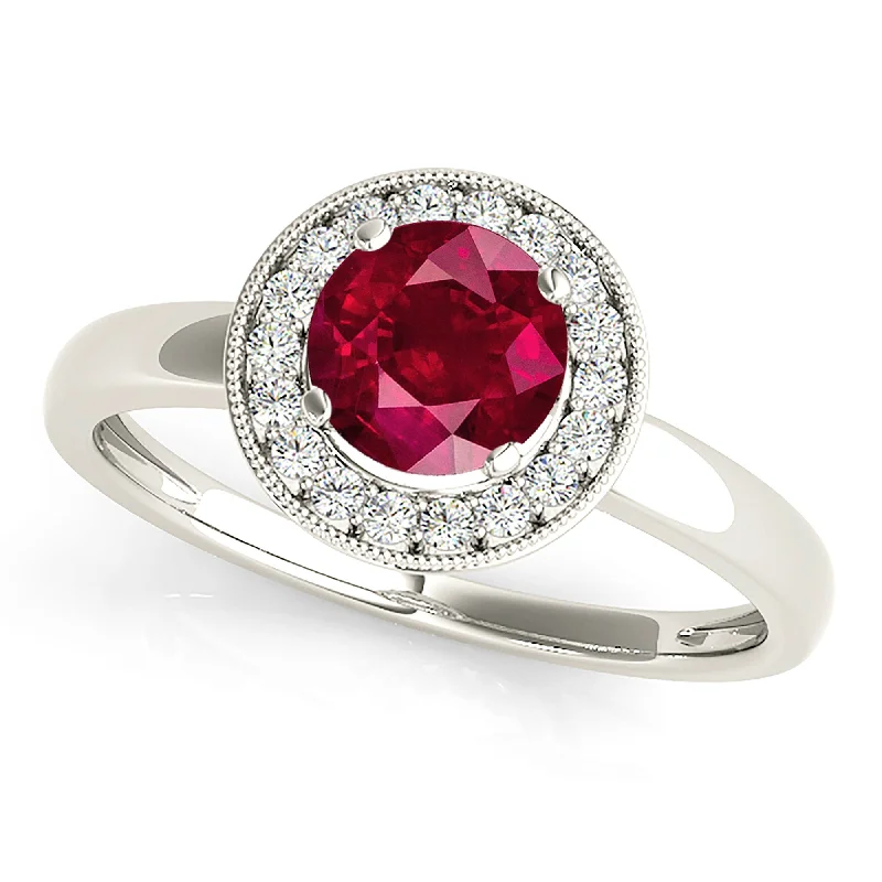 luxury engagement rings for women -1.35 ct. Genuine Ruby Ring With Milgrain Halo And Solid gold Plain Band