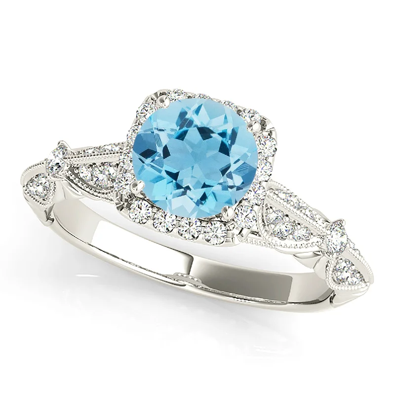 wedding sets for women -1.10 ct. Genuine Round Aquamarine Ring With Cushion Halo,  Milgrain band