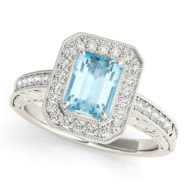 women’s wedding rings with emeralds -1.00 ct. Genuine Emerald Cut Aquamarine Ring With Halo