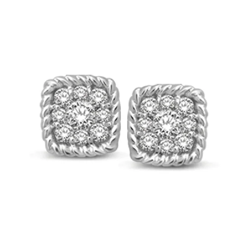 hoop earrings for women -14K White Gold 1/5 Ctw Diamond Square Flower Stud Earrings