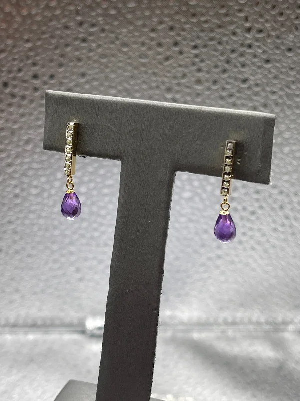 statement earrings for women -statement earrings for women -Ladies 14 Karat Solid Yellow Gold Diamond and Amethyst Dangling Earrings