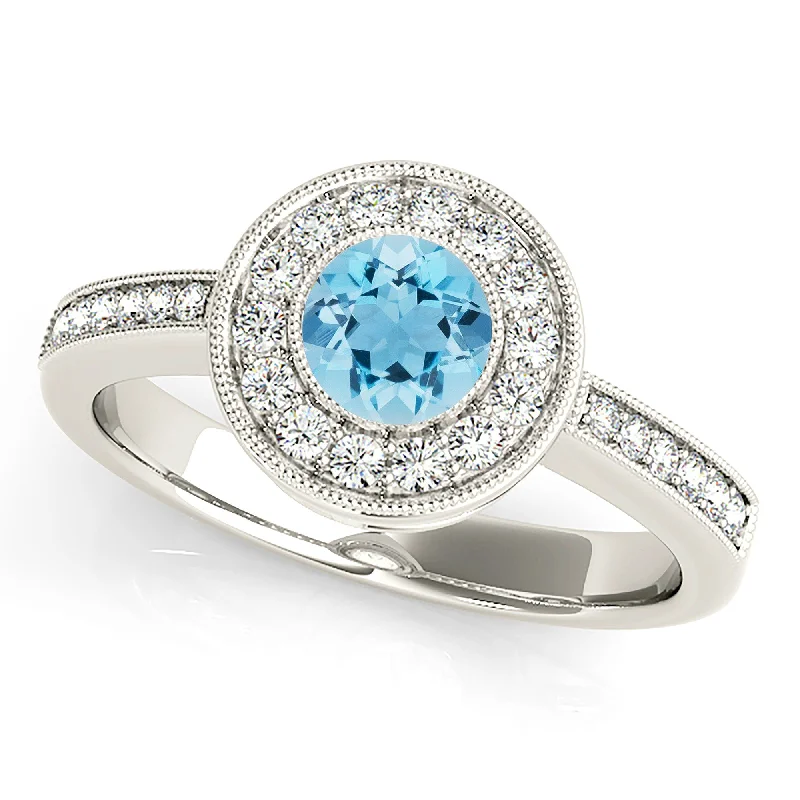 halo diamond rings for women -1.00 ct. Genuine Aquamarine Ring With Milgrain Bezel Halo