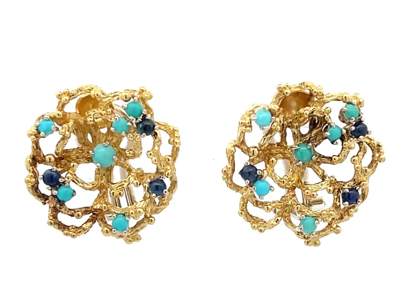 hoop earrings with diamonds for women -Wavy Flower Earrings with Cabochon Sapphires and Turquoises in 18K Yellow Gold