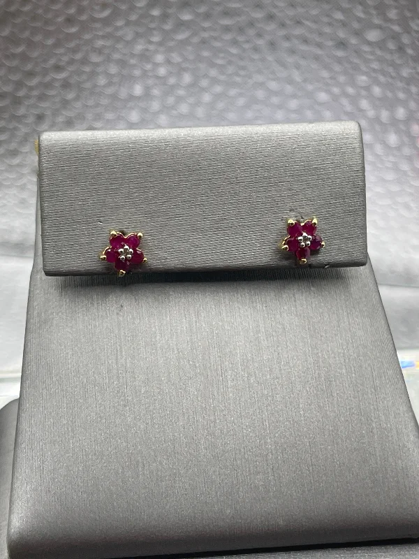 gold dangle earrings for women -gold dangle earrings for women -Ladies 10 Karat Solid Yellow Gold Ruby and Diamond Stud Earrings