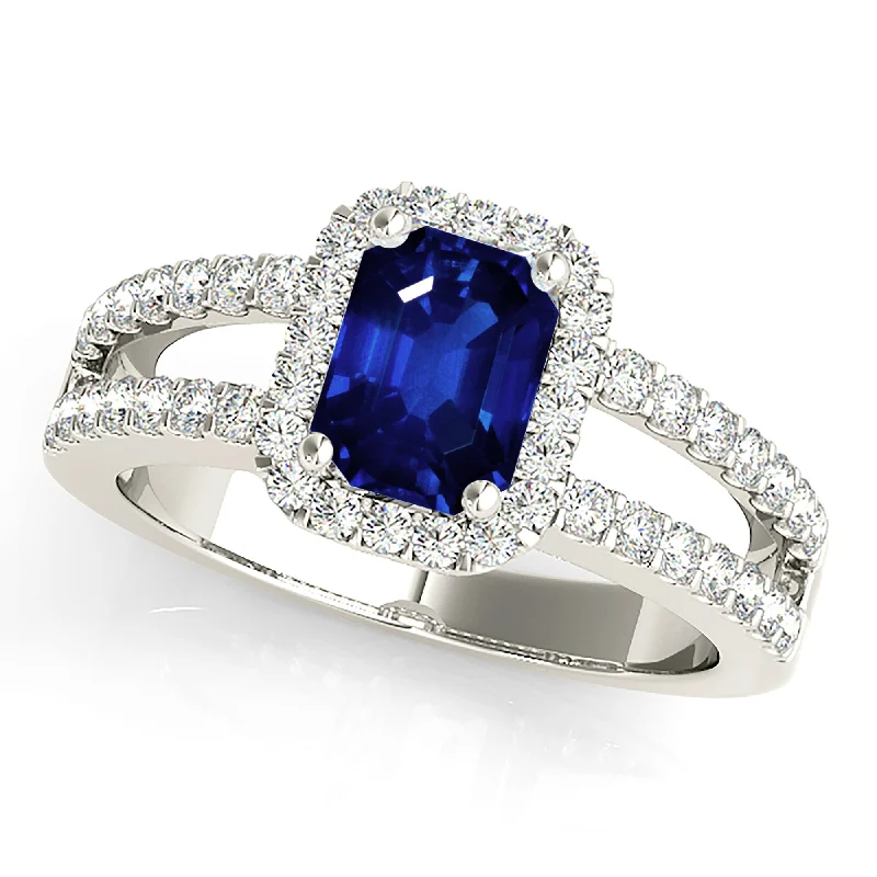 luxury engagement rings for women -1.15 ct. Genuine Blue Emerald Cut Sapphire Ring With Halo