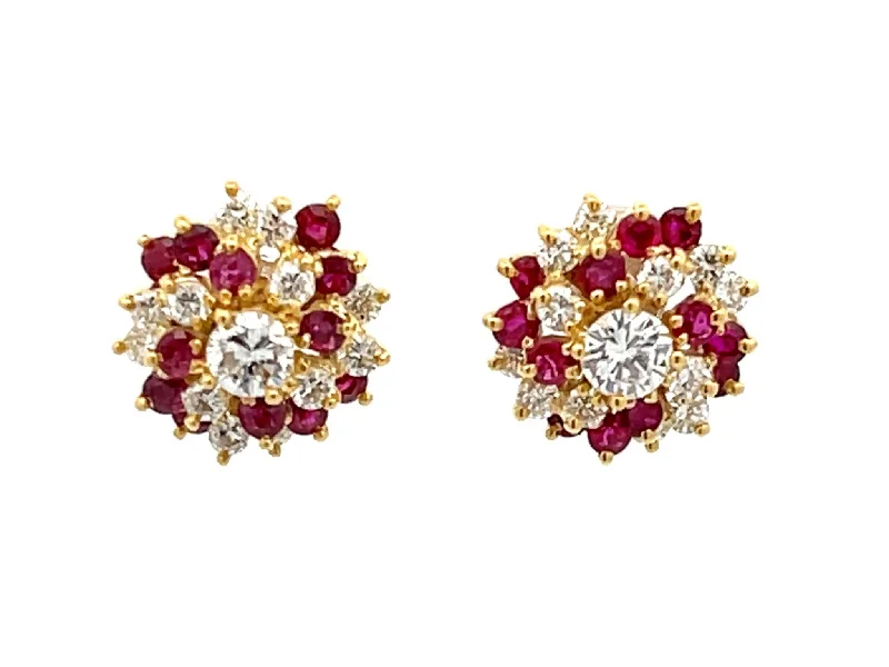 women’s chandelier earrings with diamonds -Ruby and Diamond Flower Earrings in 14k Yellow Gold