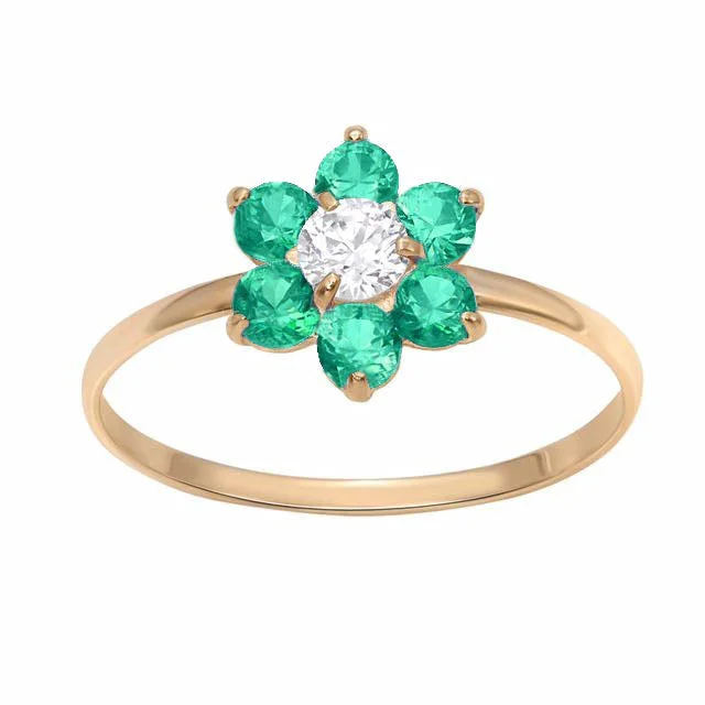 handmade engagement rings for women -10KT Yellow Gold Emerald Childrens Birthstone Flower Ring; Size 3