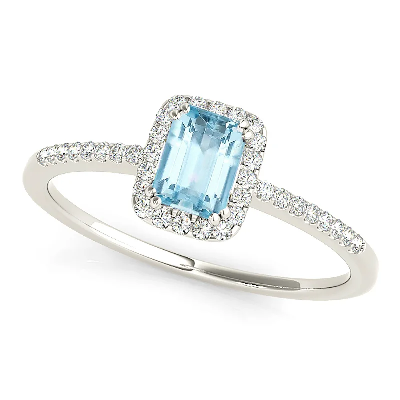 gemstone wedding bands for women -0.65 ct. Genuine Emerald Cut Aquamarine Ring With Halo