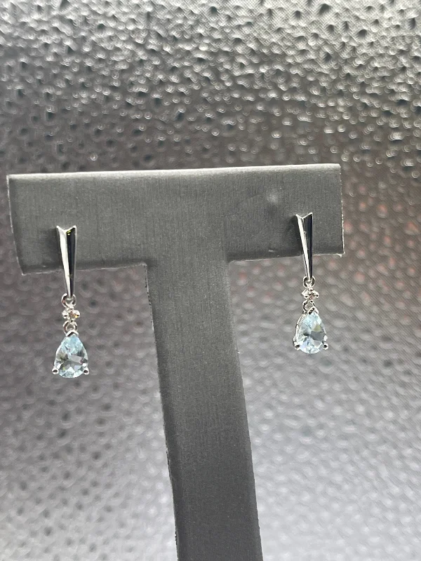 dangle earrings for women -dangle earrings for women -Ladies 14 Karat Solid White Gold Aquamarine and Diamond Dangling Earrings