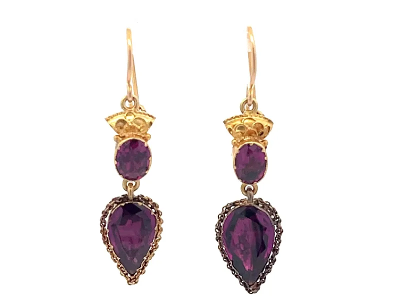 vintage earrings for women -Purple Amethyst Dangly Earrings 10k Yellow Gold