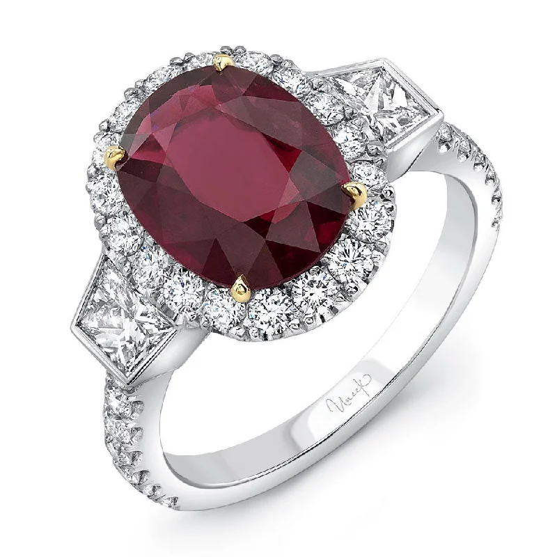 women’s wedding bands with diamonds -Uneek Contemporary Three-Stone Ring with Oval Ruby Center