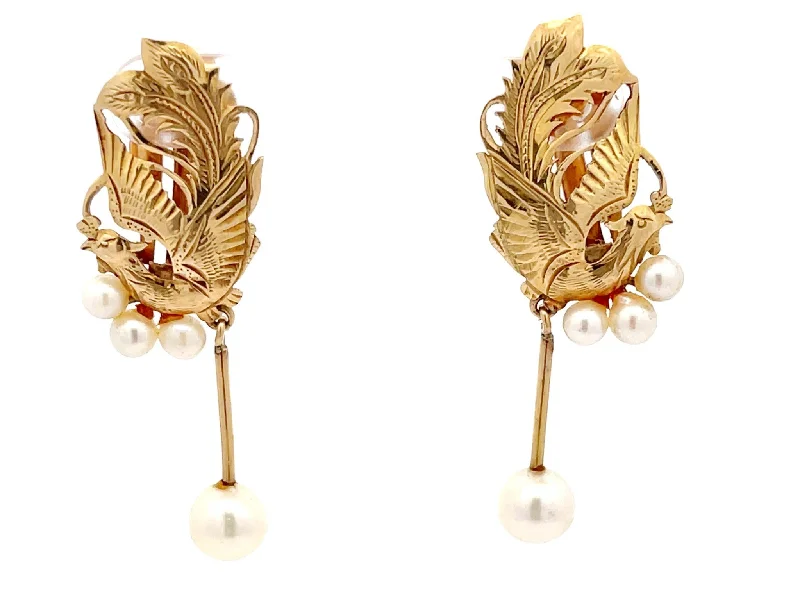 vintage earrings for women -Mings Gold Carved Phoenix Clip On Earrings with Dangly Pearl in 14k