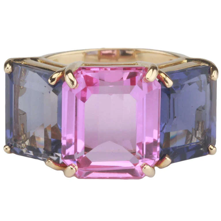 men’s and women’s engagement rings -Yellow Gold Emerald Cut Ring with Pink Topaz and Iolite