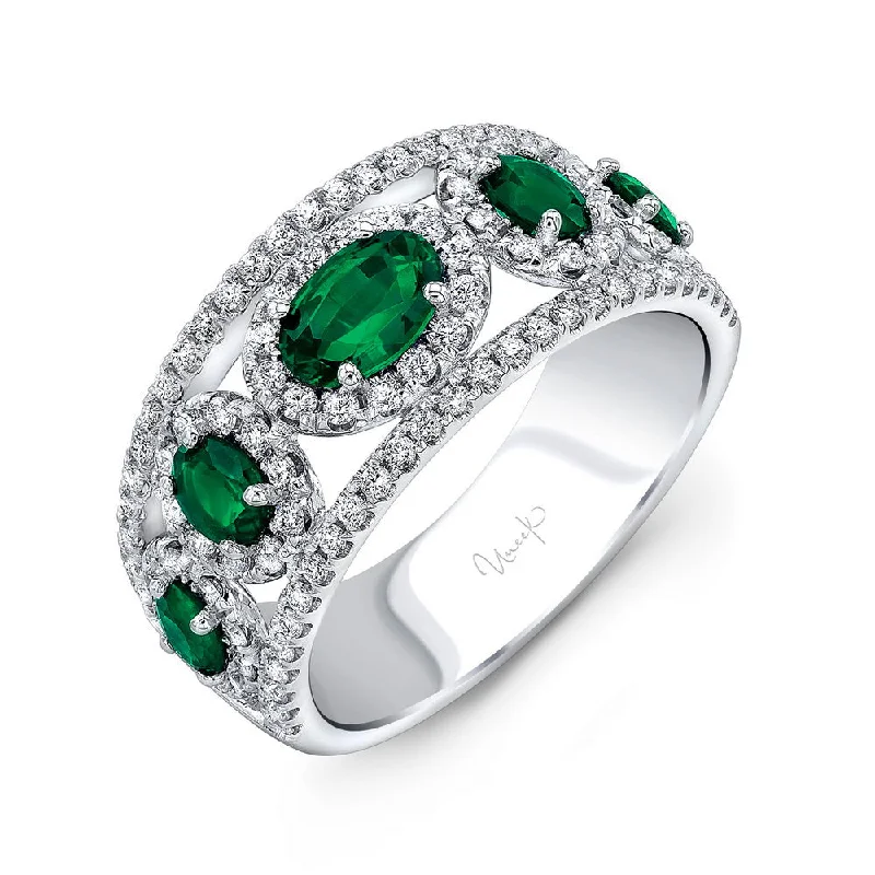 classic engagement rings for women -Uneek Precious Collection 5-Stone-Halo Oval Shaped Emerald Fashion Ring