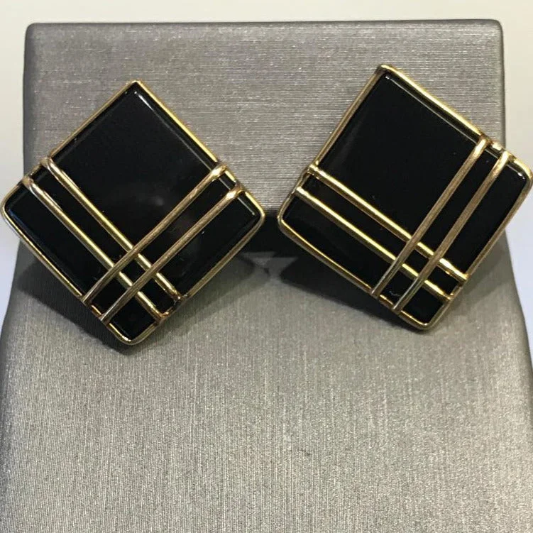 diamond earrings for women -14 Karat Yellow Gold Black Onyx Square Earrings