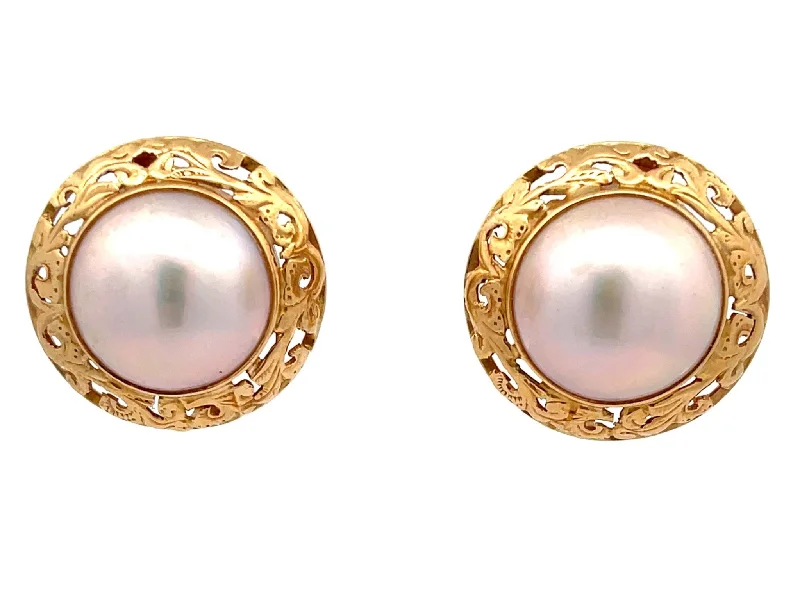 silver drop earrings for women -Mings Large Mabe Pearl Gold Carved Bezel Earrings in 14k Yellow Gold