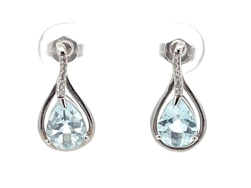 classic earrings for women -Pear Shaped Aquamarine and Diamond Drop Earrings in 14K White Gold 