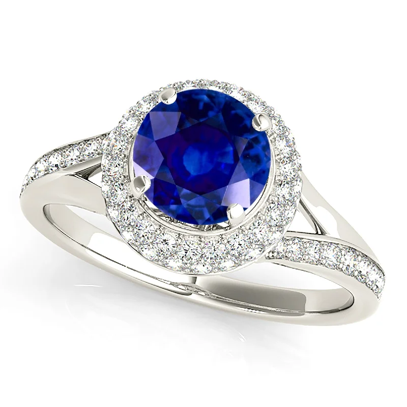 modern solitaire rings for women -1.35 ct. Genuine Blue Sapphire Split Shank Beautiful Pave Set Halo Ring