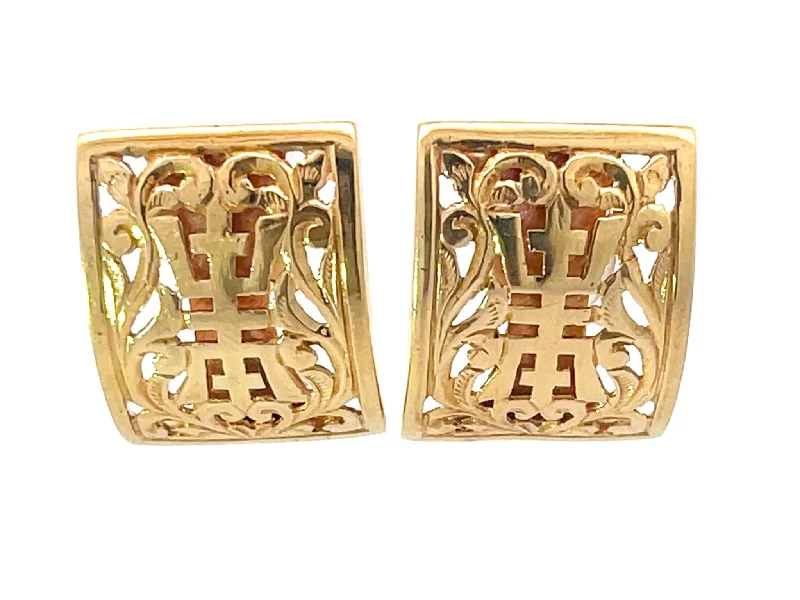 women’s heart earrings -Mings Hawaii Pierced Longevity Rectangle Earrings in 14k Yellow Gold