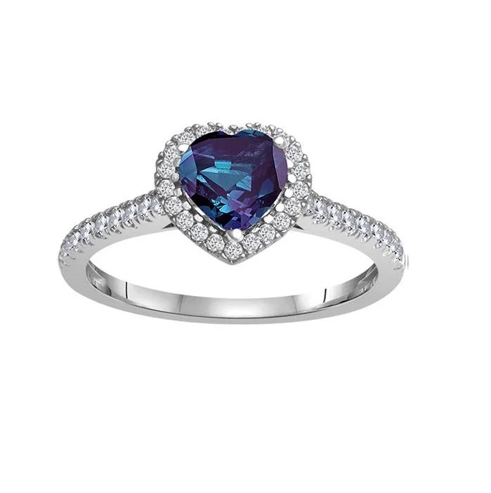 unique diamond rings for women -6MM Heart Shape Alexandrite and White Sapphire Birthstone Heart Ring in 10KT White Gold