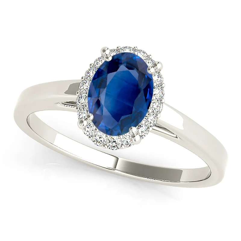 stackable wedding rings for women -1.50 ct. Genuine Blue Oval Sapphire Ring with Halo Style, Solid Gold Band