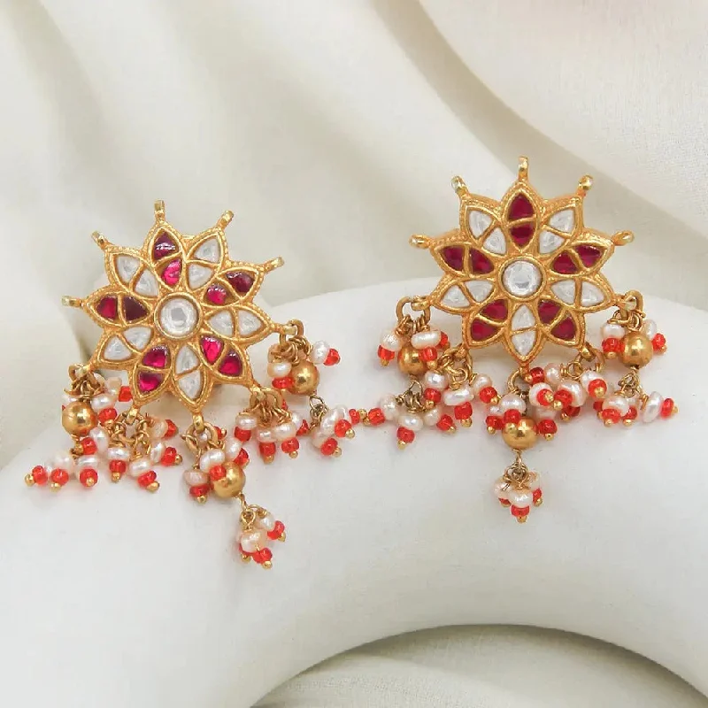 gold dangle earrings for women -gold dangle earrings for women -Red kundan 92.5 silver stud with long bead hangings