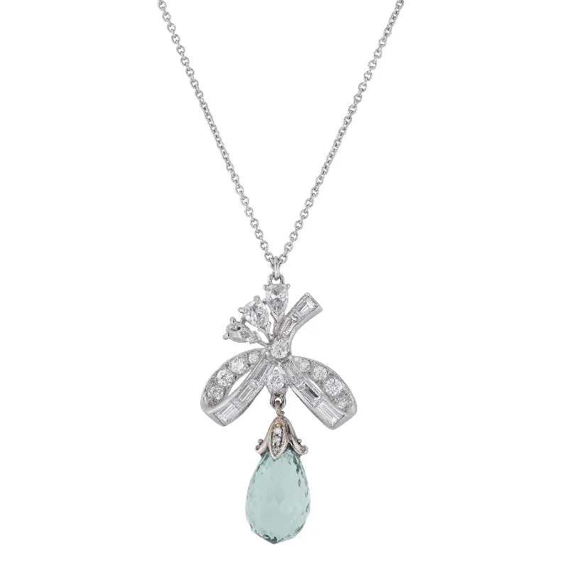 engagement necklaces for women -Green Beryl Briolet Diamond Platinum Estate Pendant Necklace