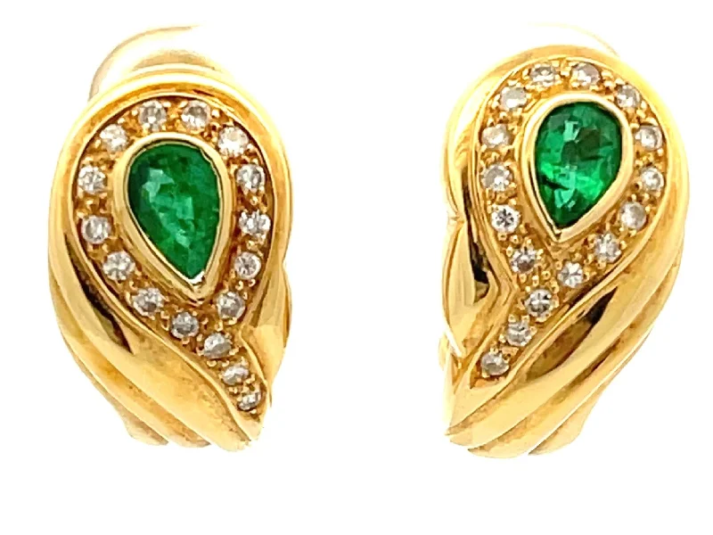 stud earrings for women -Pear Shaped Emerald and Diamond Huggie Earrings in 18k Yellow Gold