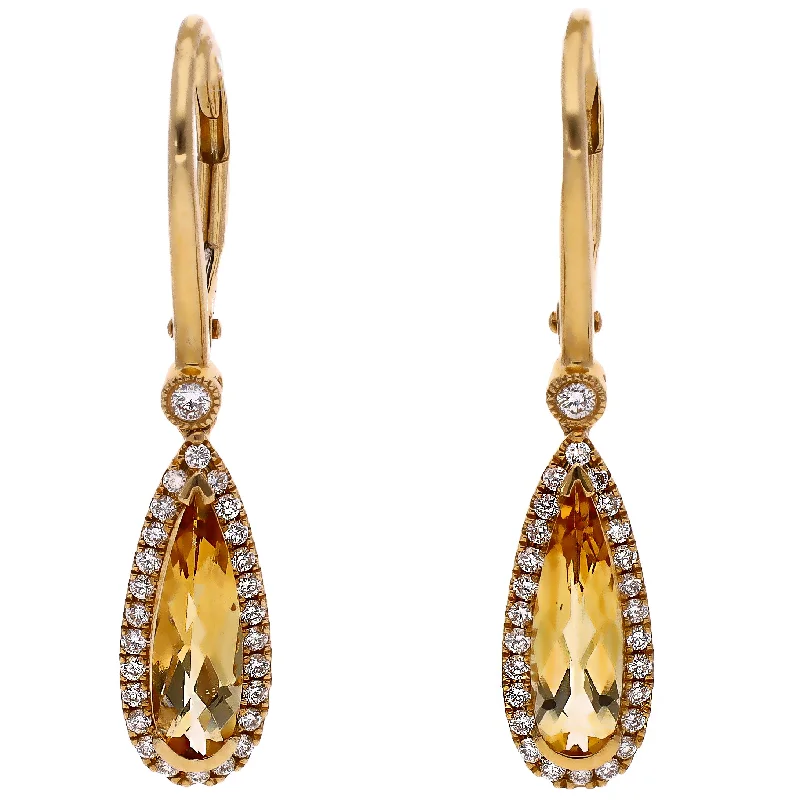 drop earrings for women -drop earrings for women -14K Yellow Gold Pear Shaped Citrine & Diamond Leverback Earrings