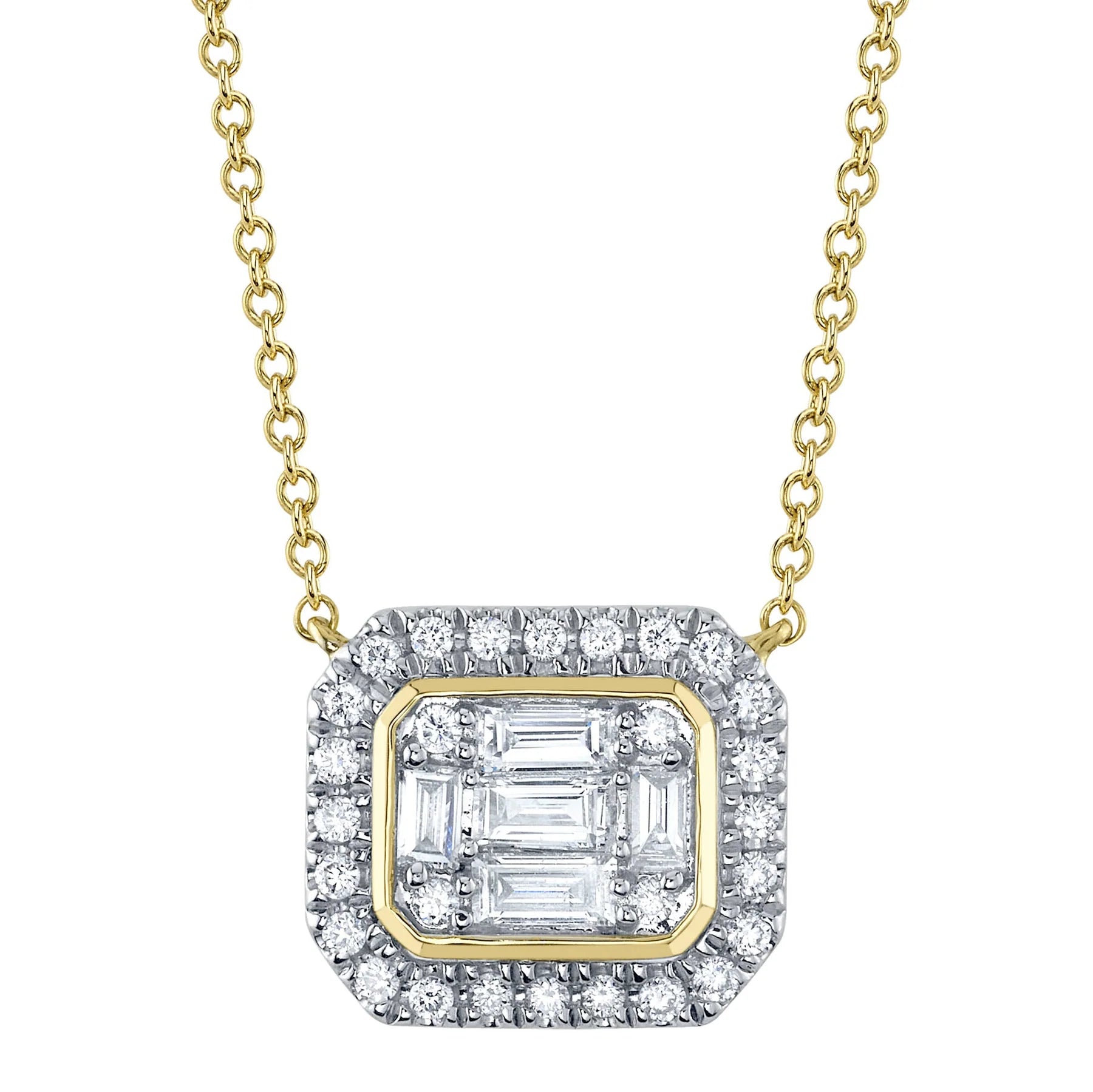 custom necklaces for women -Yellow Gold Baguette and Round Diamond Halo Pendant Necklace