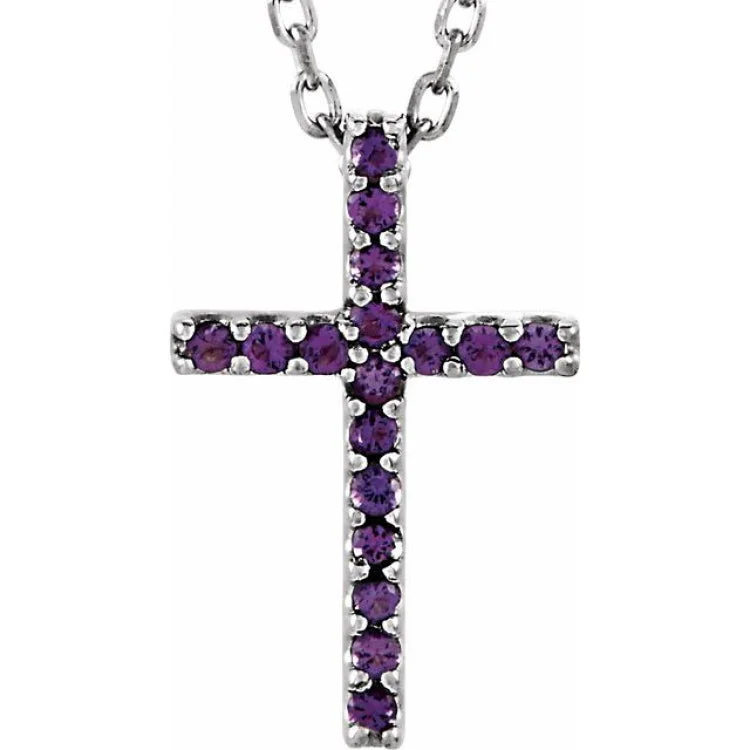 boho necklaces for women -14K White Natural Amethyst Petite Cross 16" Necklace