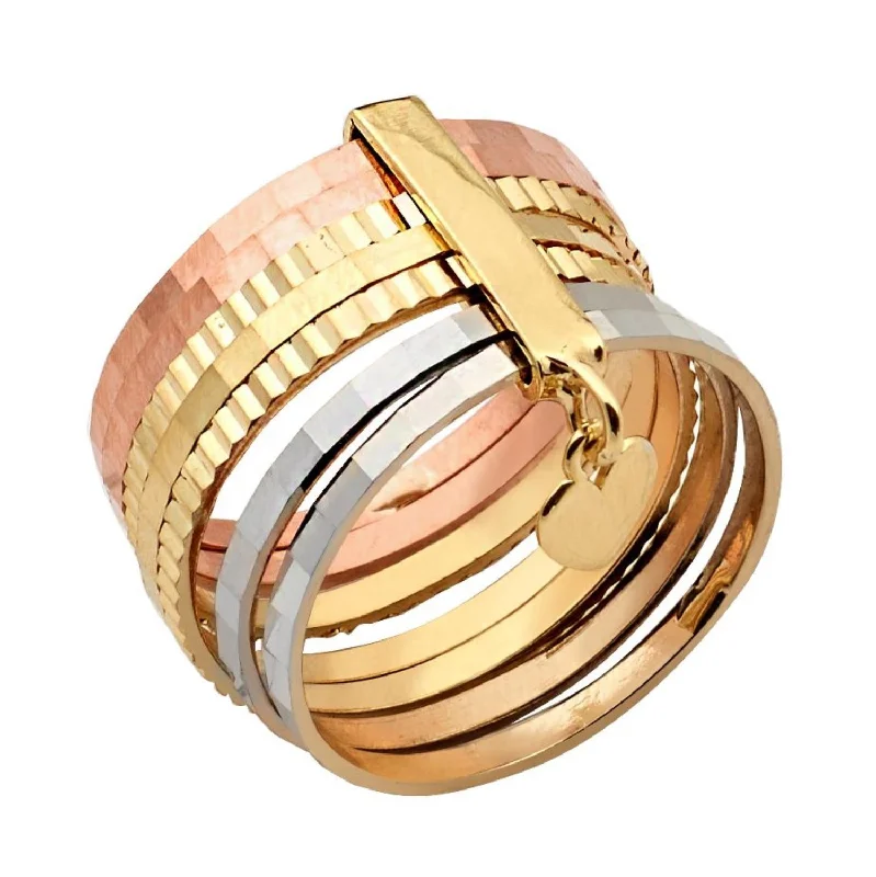 women’s band rings -10KT Gold Tri-Color Heart Seminario Ring; Size 6.5