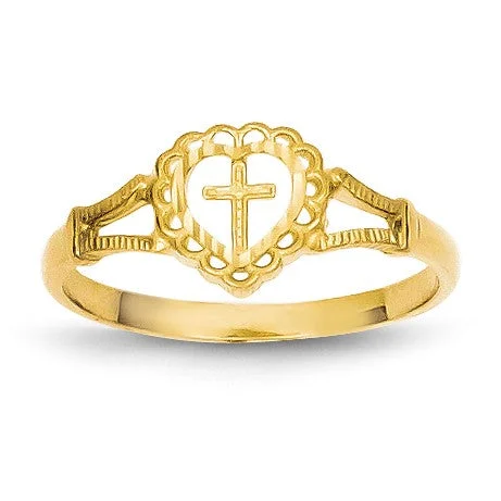 wedding rings for women -14KT Yellow Gold Childrens Heart Cross Ring; Size 4