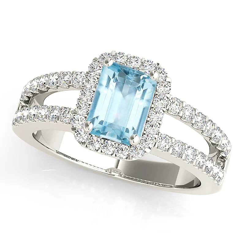 diamond rings for anniversary for women -1.00 ct. Genuine Emerald Cut Aquamarine Ring With Halo